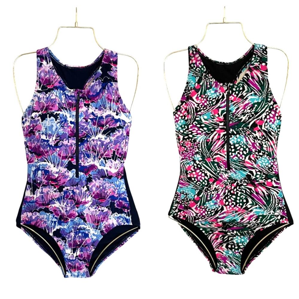 Bundle 2 Dolfin AQUASHAPE Zip Front One Piece Swimsuits Sz 8 Athletic Racerback
